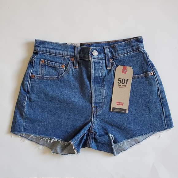 Levi's 501 High Rise Denim Blue Shorts - Picture 4 of 5
